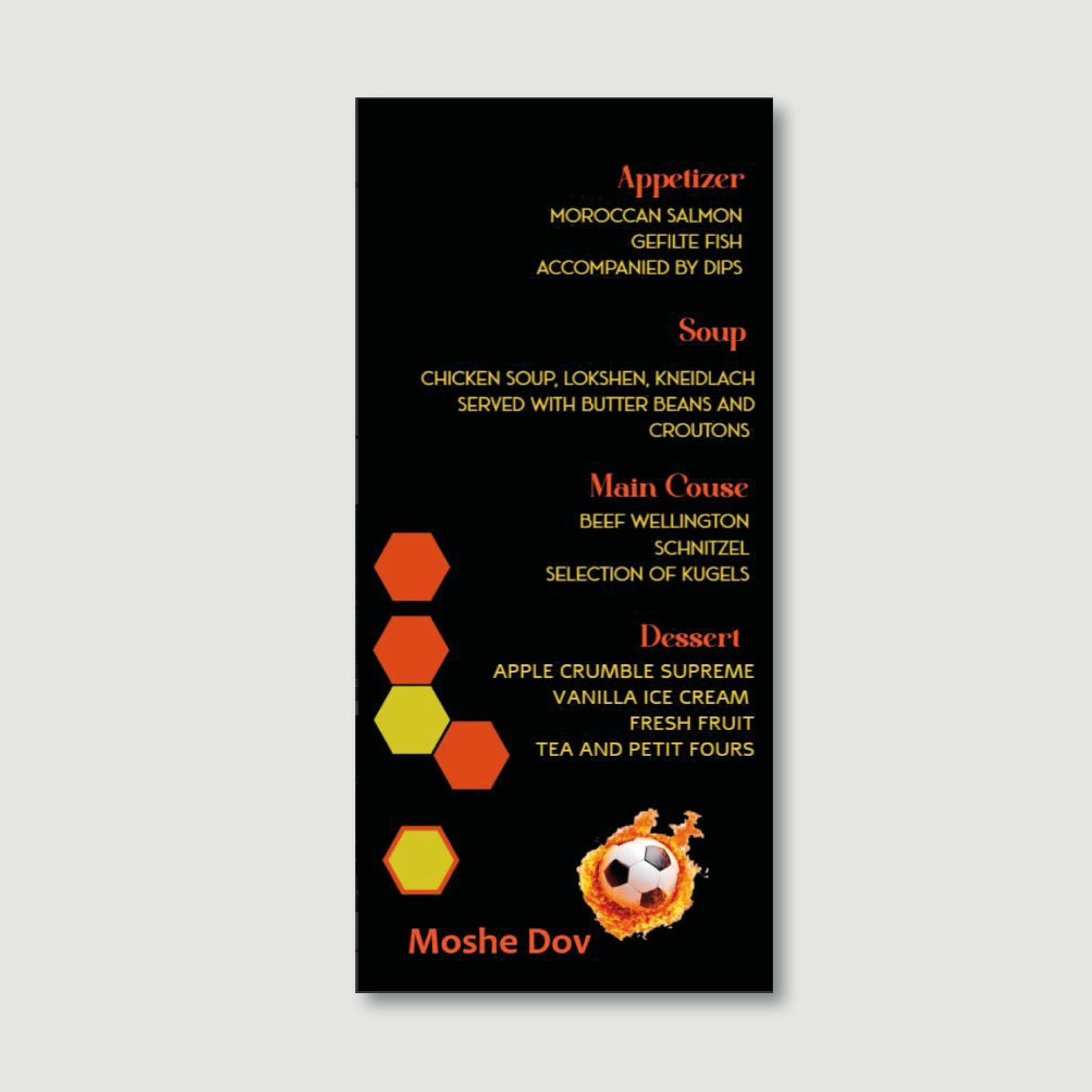 HEXAGON FLAME Menu Cards for Bar Mitzvah