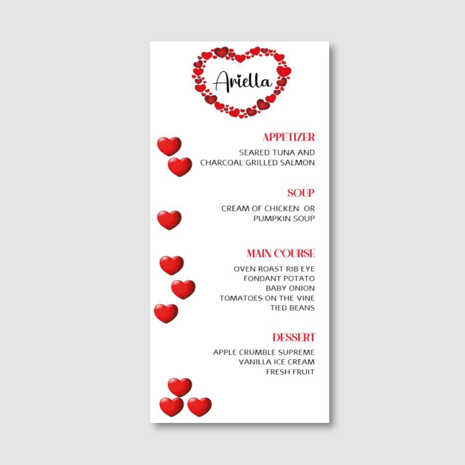 Red Heart Menu Cards for Bat Mitzvah