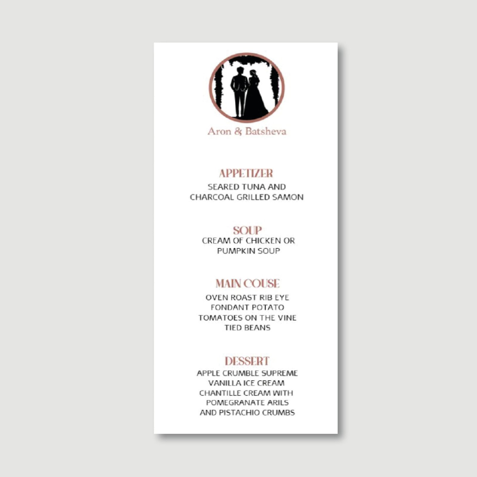 Silhouette Couple Menu Cards for Wedding/Sheva Brachot