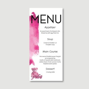 PINK TEDDY Menu Card for Baby Girl